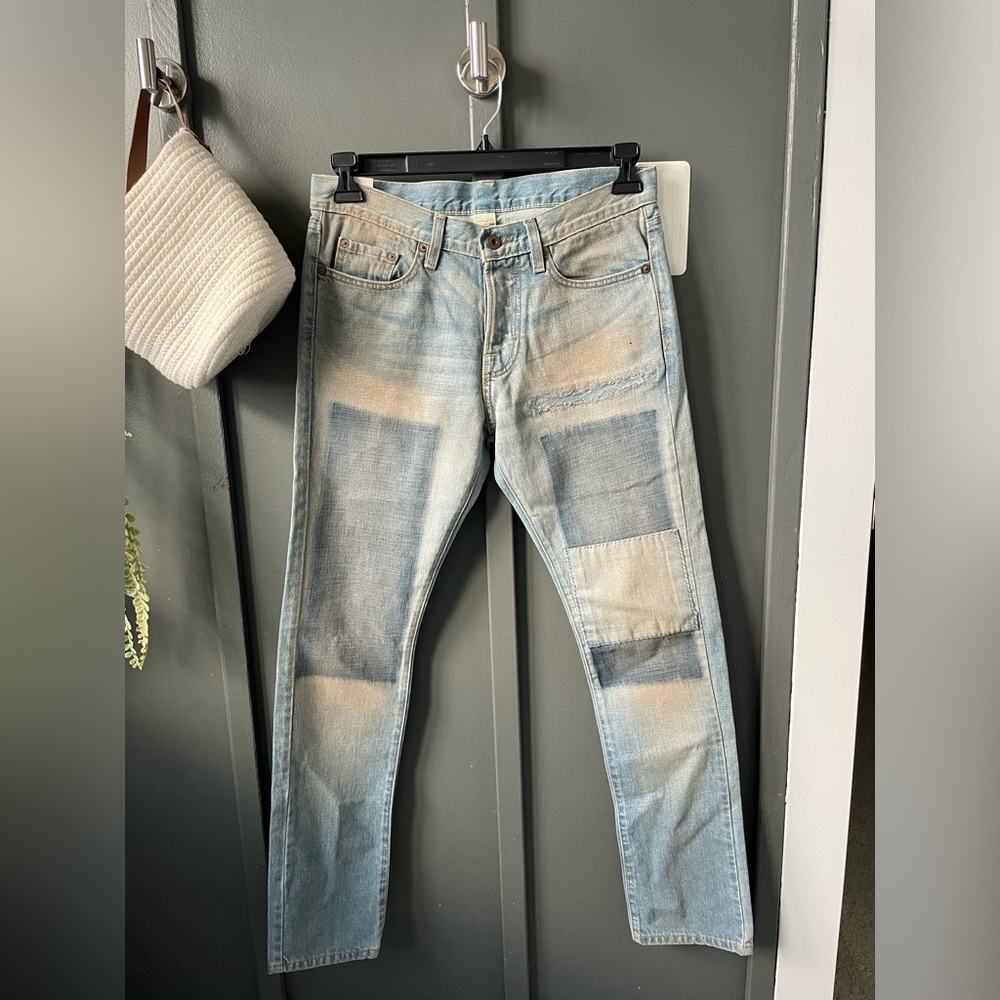 $248 Free People NSF button fly slim straight leg patch jeans, size 30